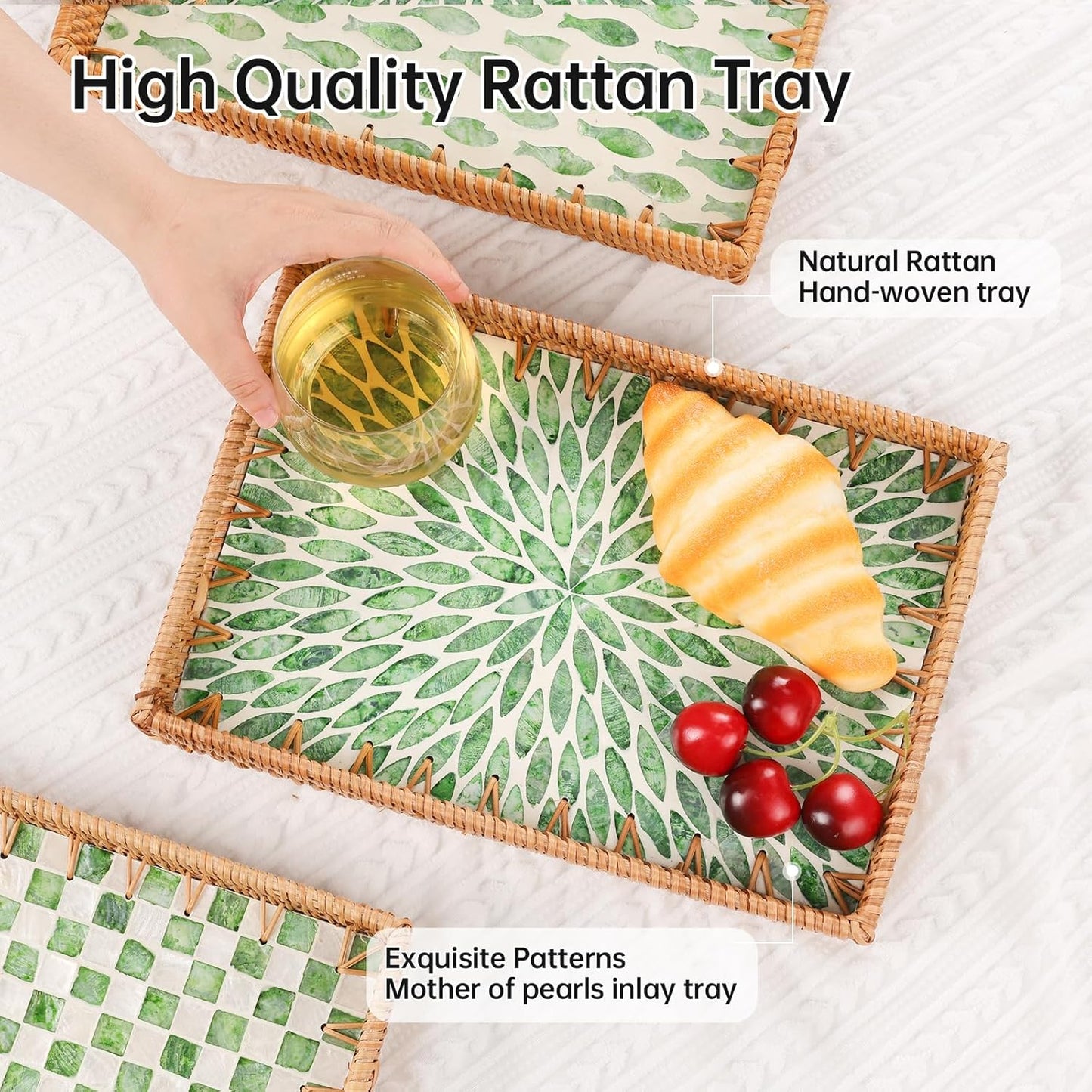 Rectangle Rattan Tray with Mother of Pearl Inlay, Rattan Serving Tray with Handle for Coffee, Bread, Fruits, Snacks, Decorative Wicker Tray for Table Decor (Rectangle Green Leaf, 13"×9")