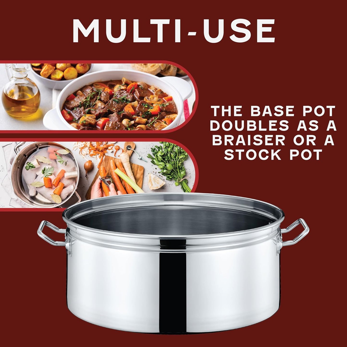 CONCORD Extra Large Outdoor Stainless Steel Stock Pot Steamer and Braiser Combo. Great for steaming oysters, crab, crawfish and more (24 QT)