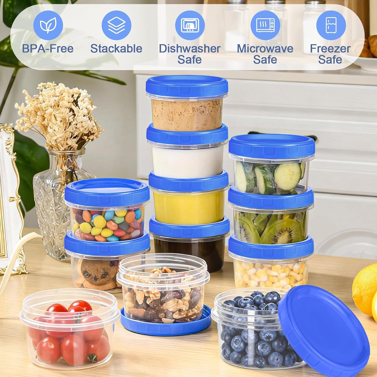 12 Pcs 8 oz Plastic Containers with Screw Lids, Reusable Clear Food Storage Containers with Pen and Brush for Snack Salad Fruit, Freezer Storage Containers, Microwave & Dishwasher Safe
