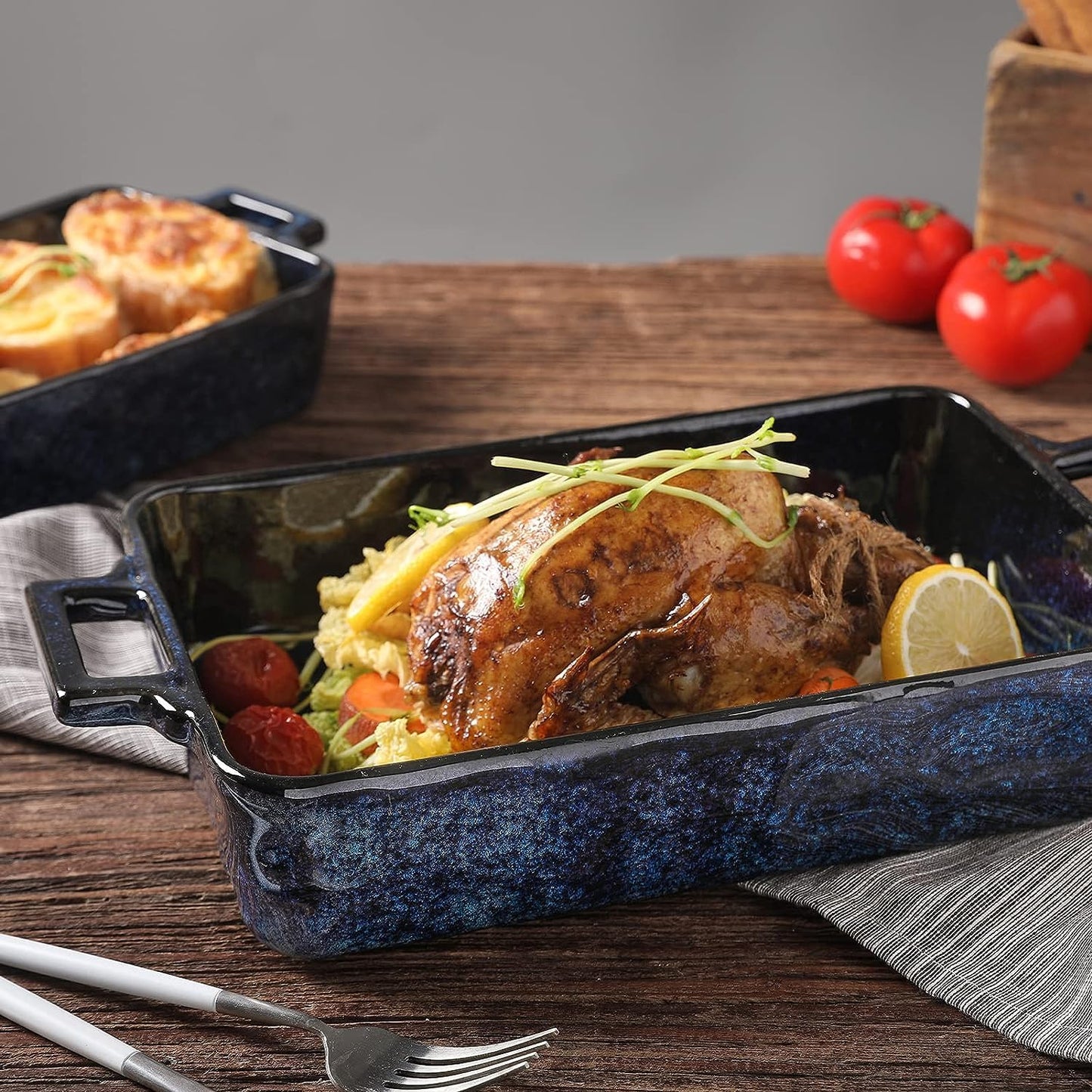 VICRAYS Ceramic Bakeware Set, Porcelain Rectangular Lasagna Pans Casserole Dish Set for Baking, Cooking, Kitchen, Cake Dinner, Banquet and Daily Use, 3 PCS, 15 x 8.5 Inches(Blue)