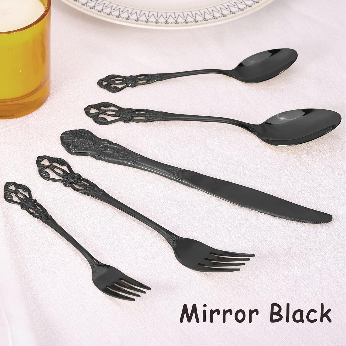 Black Silverware Set for 12, Stainless Steel Gorgeous Retro Royal Flatware Set, 60-Pieces Cutlery Tableware set, Kitchen utensils set Include Spoons And Forks Set, Mirror Finish, Dishwasher Safe