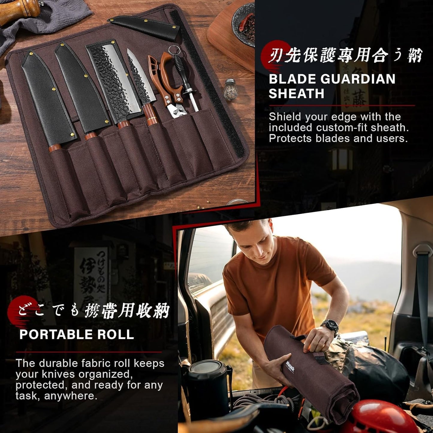 Huusk Japanese Knife Set 6pcs with Covers - Professional Chef Knife Set with Bag & Sharpener, High Carbon Steel Forged Knives Sets with Scissors, Japanese Kitchen Knives Sets, Gift for Men Women