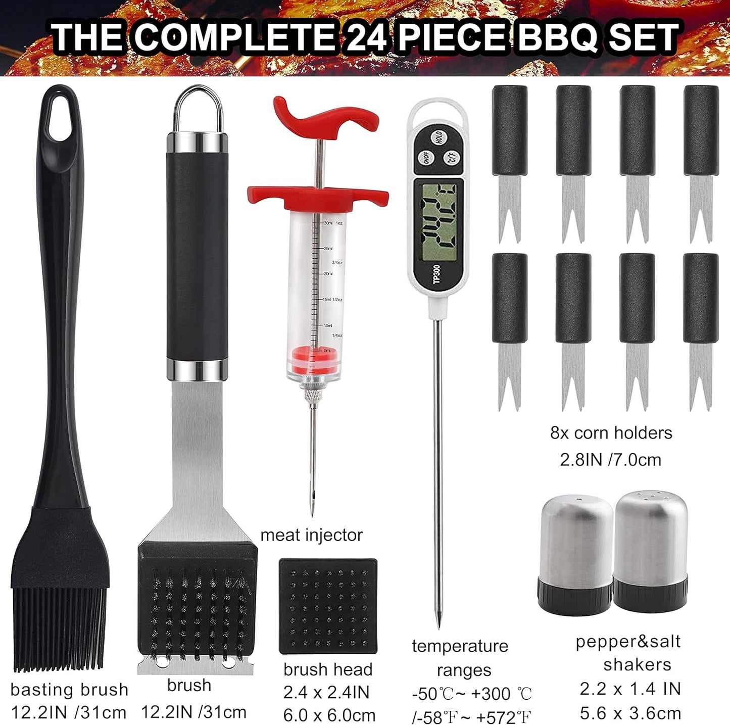 Grilljoy 24PCS BBQ Grill Tools Set with Meat Thermometer and Injector - Extra Thick Stainless Steel Fork, Spatula& Tongs - Complete BBQ Accessories in Aluminum Case - Perfect Grill Gifts for Men