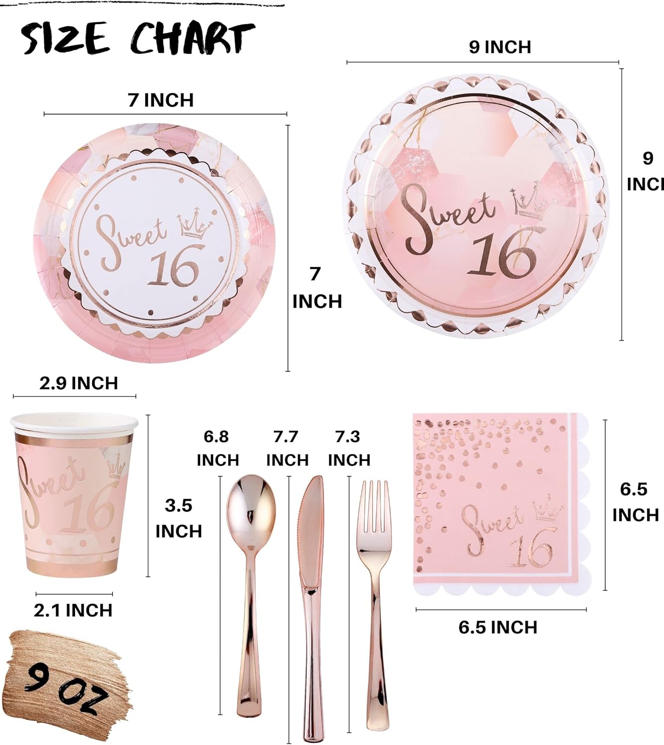 Rose Gold Sweet 16 Birthday Decorations for Girls - Serves 16 - Includes Sweet 16th Plates and Napkins Party Supplies Cups Cutlery for Sweet Sixteen Party