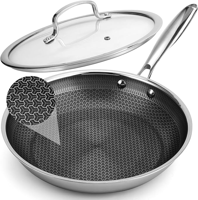 10 Inch Hybrid Non Stick Frying Pan Set Skillet Stainless Steel Skillet Chef's Pan with Matching Lid, PFOA-Free Non-Toxic Cookware, Dishwasher & Oven Safe, Induction Compatible All Cooktop