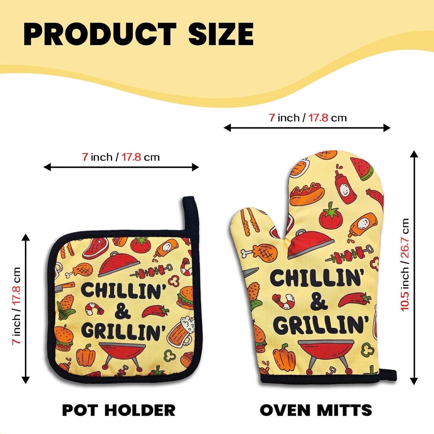 Funny BBQ Oven Mitts and Pot Holders（Set of 2） Chillin' and Grillin' Silicone Non-Slip Oven Mitts Funny Kitchen Heat Resistant Mitts Gifts for Hostess Chef Grilling Master BBQ Lover Friend