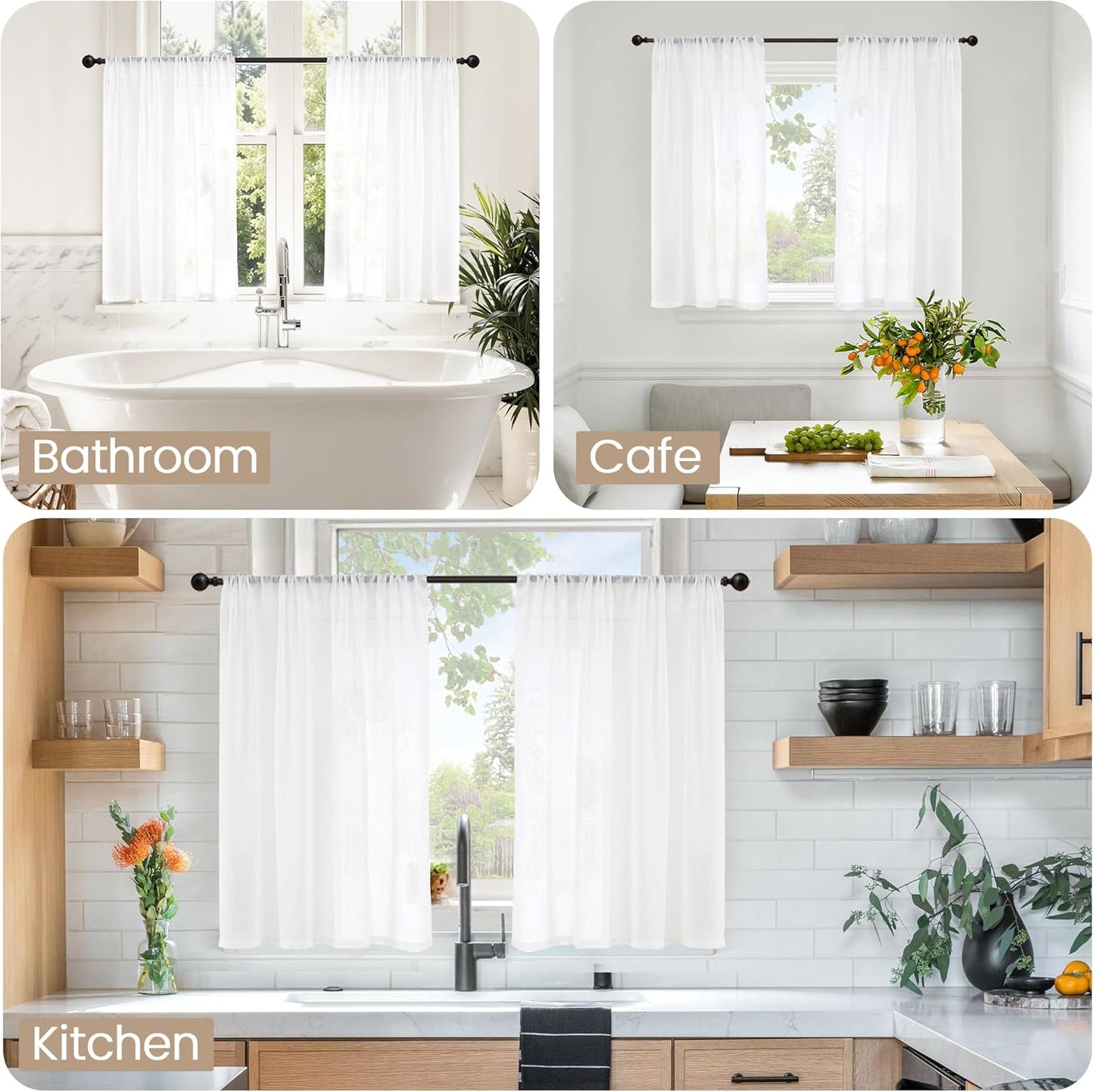 BGment White Linen Cafe Curtains 36 Inch Length, Small Drapes Semi Sheer for Bathroom Kitchen Decor Lightweight Rustic with Rod Pocket, 2 Panels Set, Each 24 Inch Wide