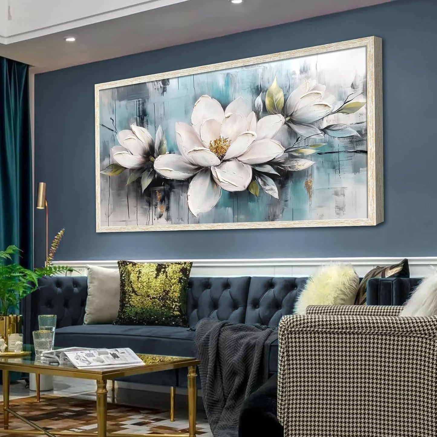 Ardemy Magnolia Wall Art Framed Large Canvas Wall Decor Living Room, White Floral Pictures Wall Decor Teal Paintings FlowerTextured Artwork for Bedroom Dining Room Home Office, 40"x20"