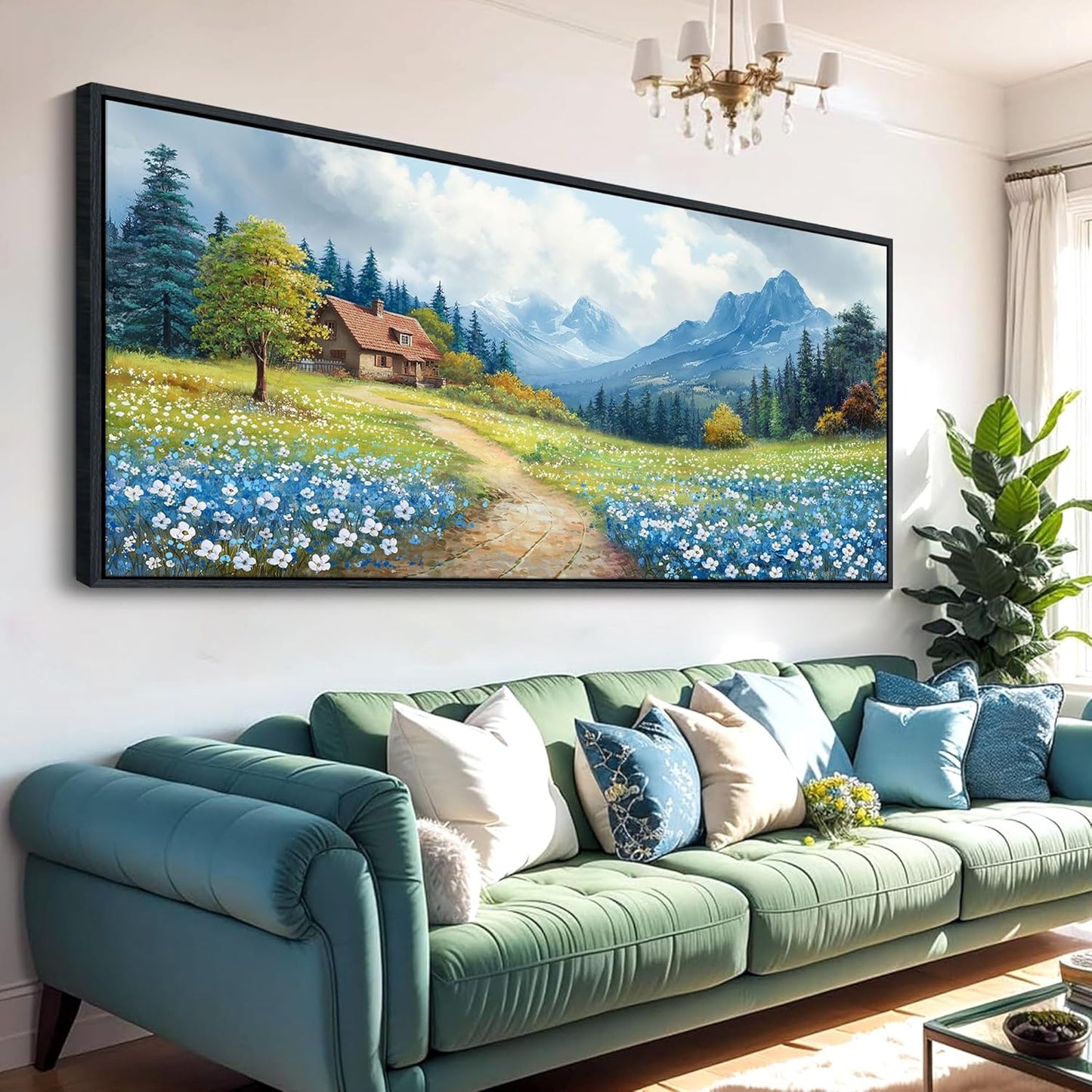 CHATYOUNG Blue Mountains Wall Art, Rustic Forest Flowers Extra Large 32"X71" Wall Picture Path Cottage Landscape Framed Paintings for Living Room Above Sofa Office Bedroom Kitchen Home Decor