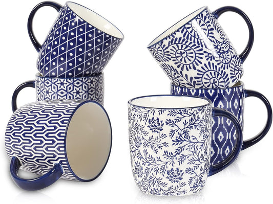 Selamica 10 oz Coffee Mugs Set of 6 with Handle, Coffee Cups Ceramic for Cappuccino Latte Cocoa Milk Tea, Dishwasher Microwave Safe, Vintage Blue
