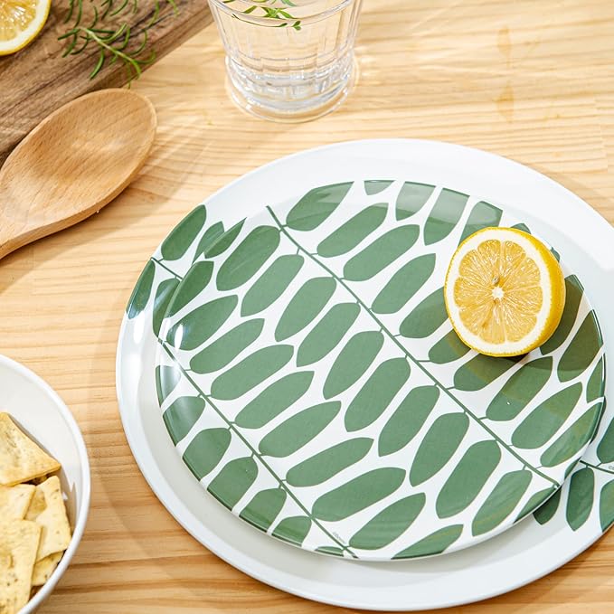 Bzyoo 12-Piece Melamine Dinnerware Set - Leaf | Lightweight, Durable, BPA-Free | Dishwasher Safe Dish Set for Indoor & Outdoor Use - Perfect for Camping, BBQs, Kids
