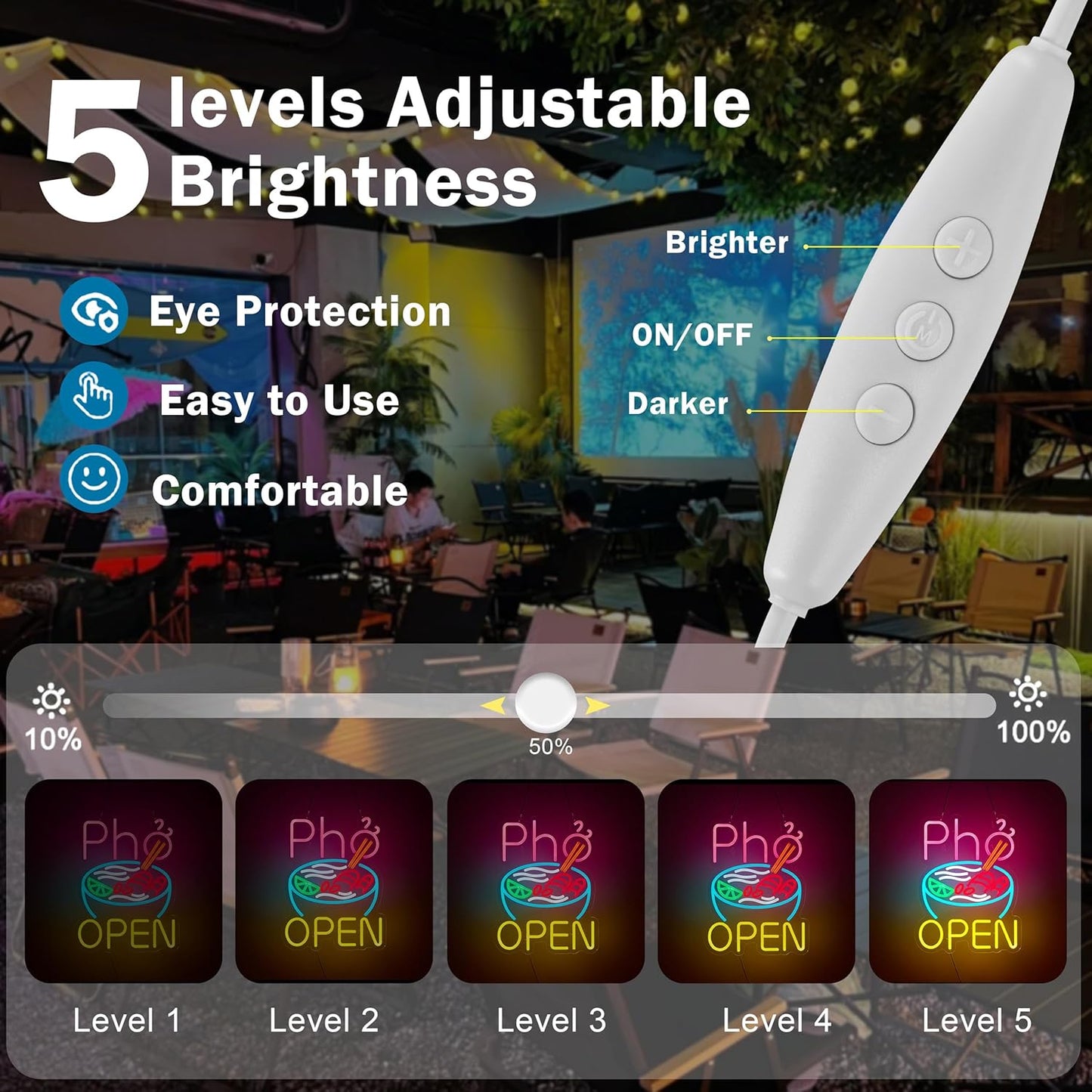 Vietnamese Pho Open Neon Sign Dimmable USB Powered LED Ramen Bowl Open Signs for Restaurant Business Food Truck Kitchen Wall Decor Light