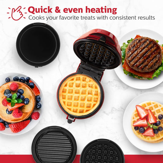 Holstein Housewares 3-IN-1 Personal Maker with Indicator Light, Griddle & Waffle Maker, Non-Stick Coating Plates, 2 waffle plates, 2 grill plates & 2 flat plates. Even Heating, Lightweight