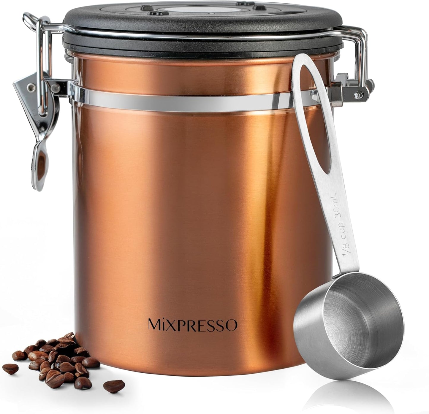 Mixpresso 16 Oz Copper Coffee Canister, Stainless Steel Airtight Coffee Container, Ground and Bean Storage with Date Tracker, Vacuum Sealed Espresso Airtight Container, Sugar Container