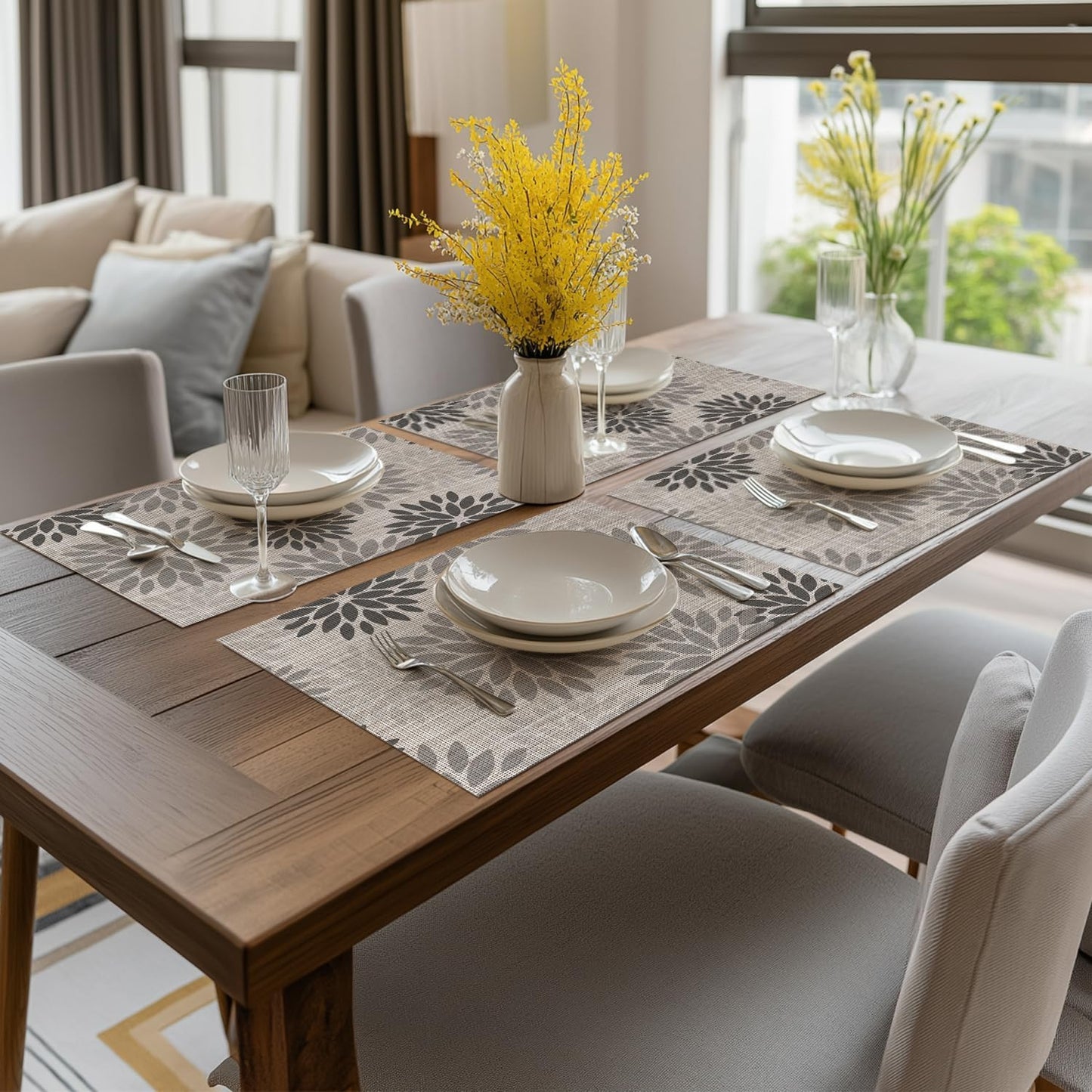 Artoid Mode Floral Vinyl Plastic Placemats Set of 4, 12x18 Inch Washable Non-Slip PVC Place Mats for Party Kitchen Dining Decor, Grey