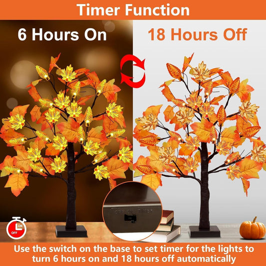 2 Pack 24 Inch Prelit Fall Maple Tree Decorations with 48 LEDs Timer Fall Battery Operated Lighted Artificial Pumpkin Light Up Maple Tree for Thanksgiving Harvest Table Home Indoor Decor