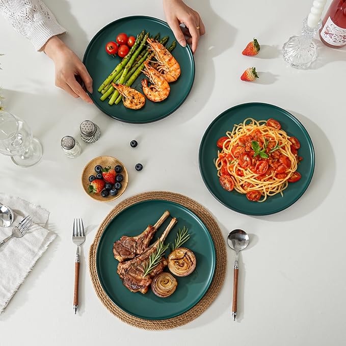 6 Piece Ceramic Dinnerware Set for 2, Modern Minimalist Stoneware Dinner Plates and Bowls, Microwave Safe, Dishwasher Safe, Versatile for All Seasons, Matte Green
