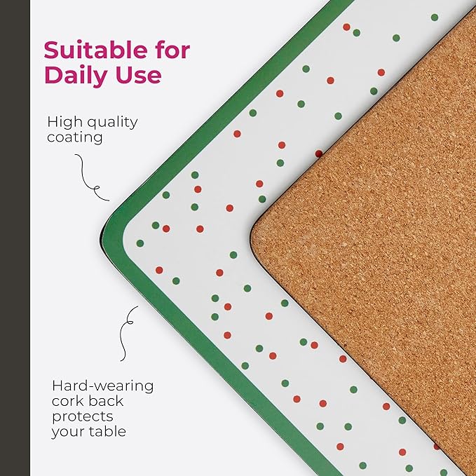 Spode Placemats & Table Mats, Polka Dot Collection, Set of 4 – (15.7" x 11.7") Cork-Backed Boards with Lacquered Finish, Heat & Stain Resistant Dining, Kitchen & Tabletop Furniture Protection