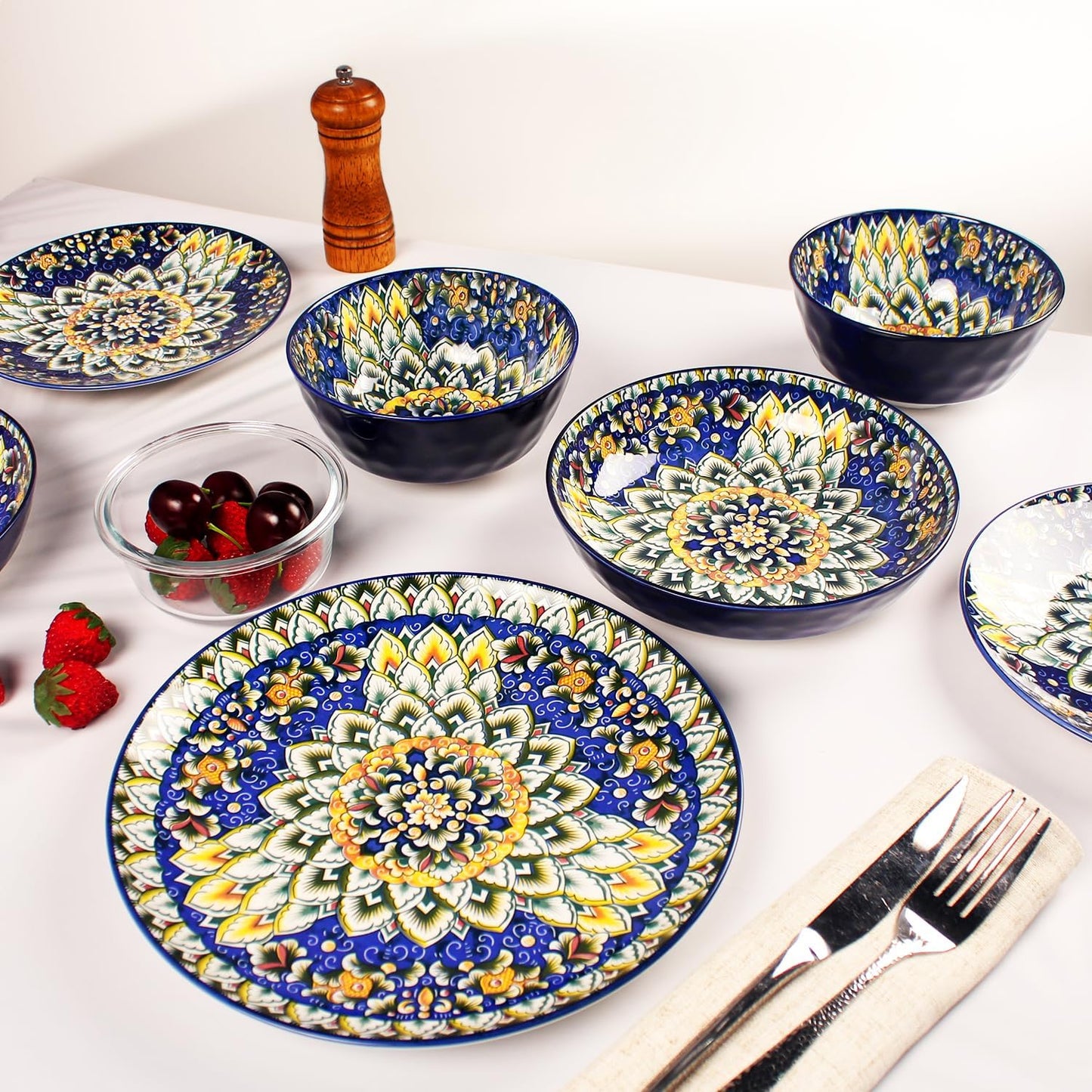 Mandala Dinnerware Sets, Plates and Bowls Set, Porcelain Dishes (16 Pieces) Service for 4, Zanzibar, Bohemian Style Dining Ware, for Kitchen and Dining Multicolor Dinnerware Set, Blue