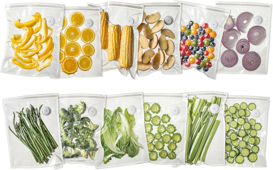 Vacuum Sealer Bags for Food, 12 PCS Reusable Sous Vide Bags BPA Free, Vacuum Zipper Bag with Universal Air Valve, Food Storage Bag for Meal Prep, Dishwasher Microwave & Freezer Safe