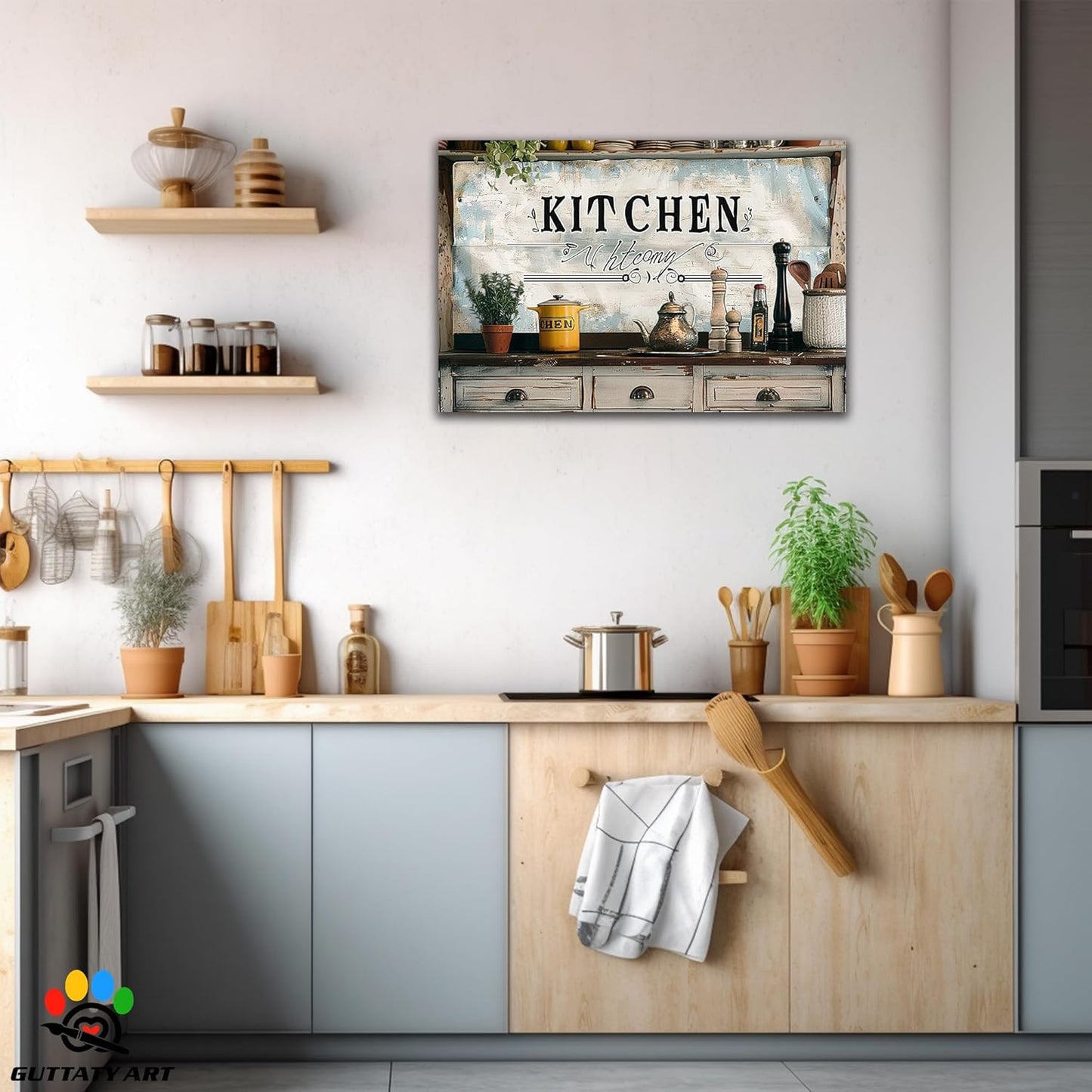 GUTTATY Farmhouse Wall Art Rustic Kitchen Decor, Ready to Hang Graffiti Kitchen Canvas Print Spoon And Vegetable,Vintage Posters Prints for Dinning Room Home Kitchen Restaurant Painting 28×40 Inch