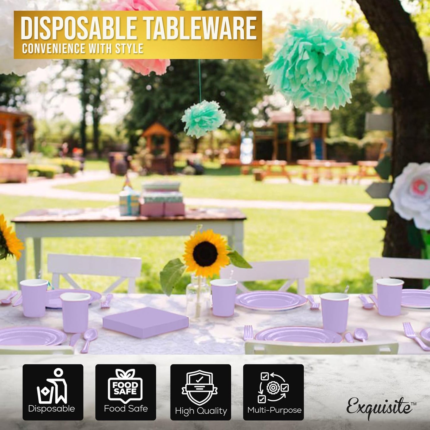 Exquisite 350 Pcs Lavender Paper Plates For Party, Lavender Disposable Plates Set, 50 Of Each 9" Dinner Plate Set, 7" Dessert Plate, Cups, Napkins & Cutlery Paper Dinnerware