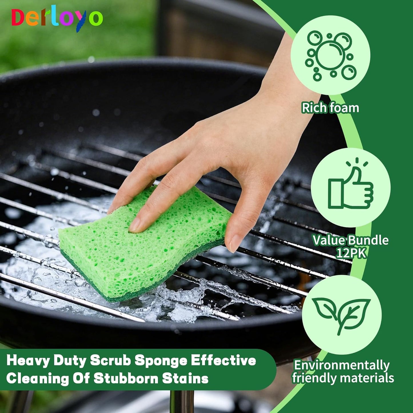 12 Count Heavy Duty Scrub Sponges,Long Lasting Cleaning Sponges for Cleaning Kitchen and Household, Dishes,Dual Sided Kitchen Sponges for Non-Coated Cookware-Green