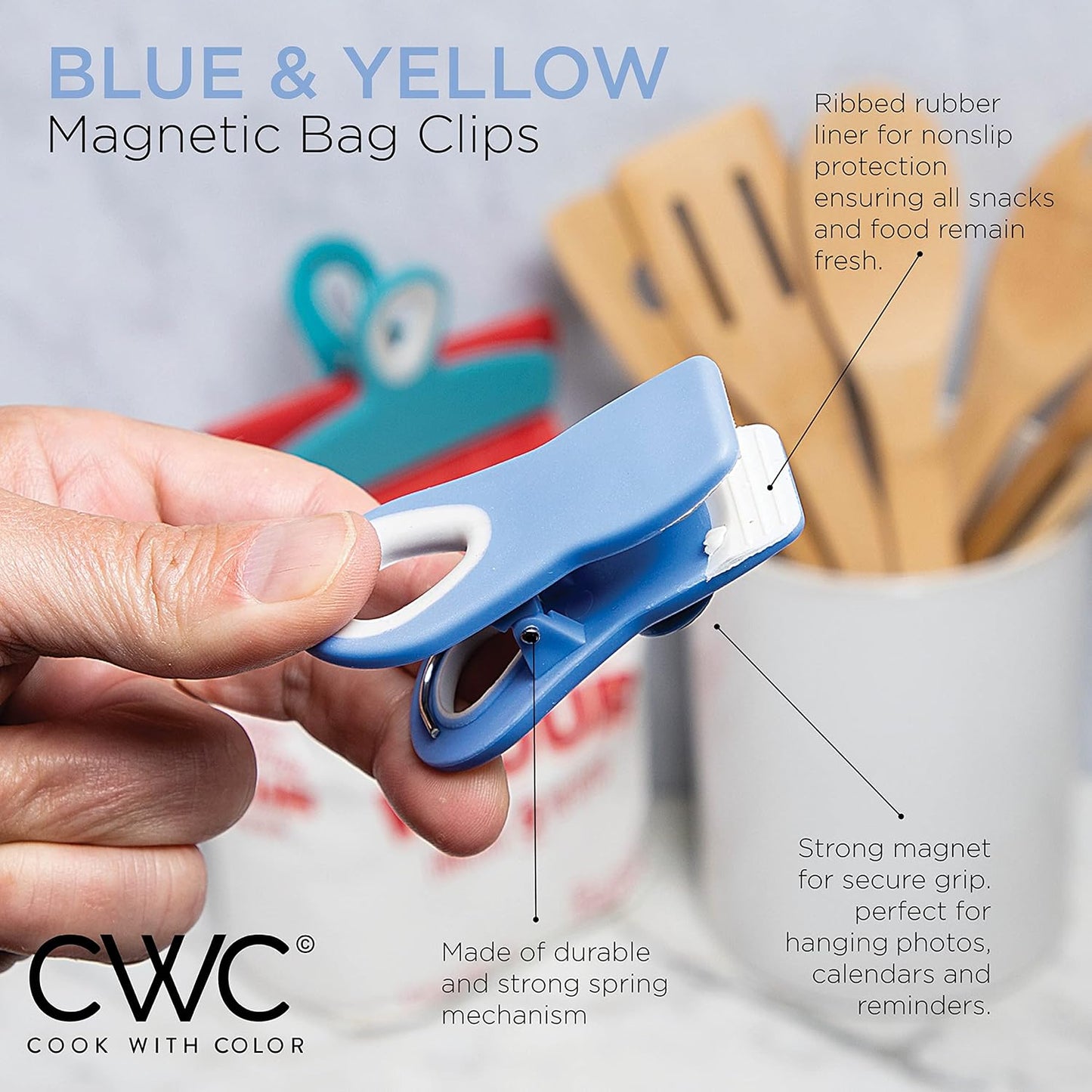 COOK WITH COLOR Bag Clips with Magnet- Food Clips, Chip Clips, Bag Clips for Food Storage with Airtight Seal Grip for Bread Bags, Snack Bags and Food Bags (Yellow and Blue, Pack of 10)