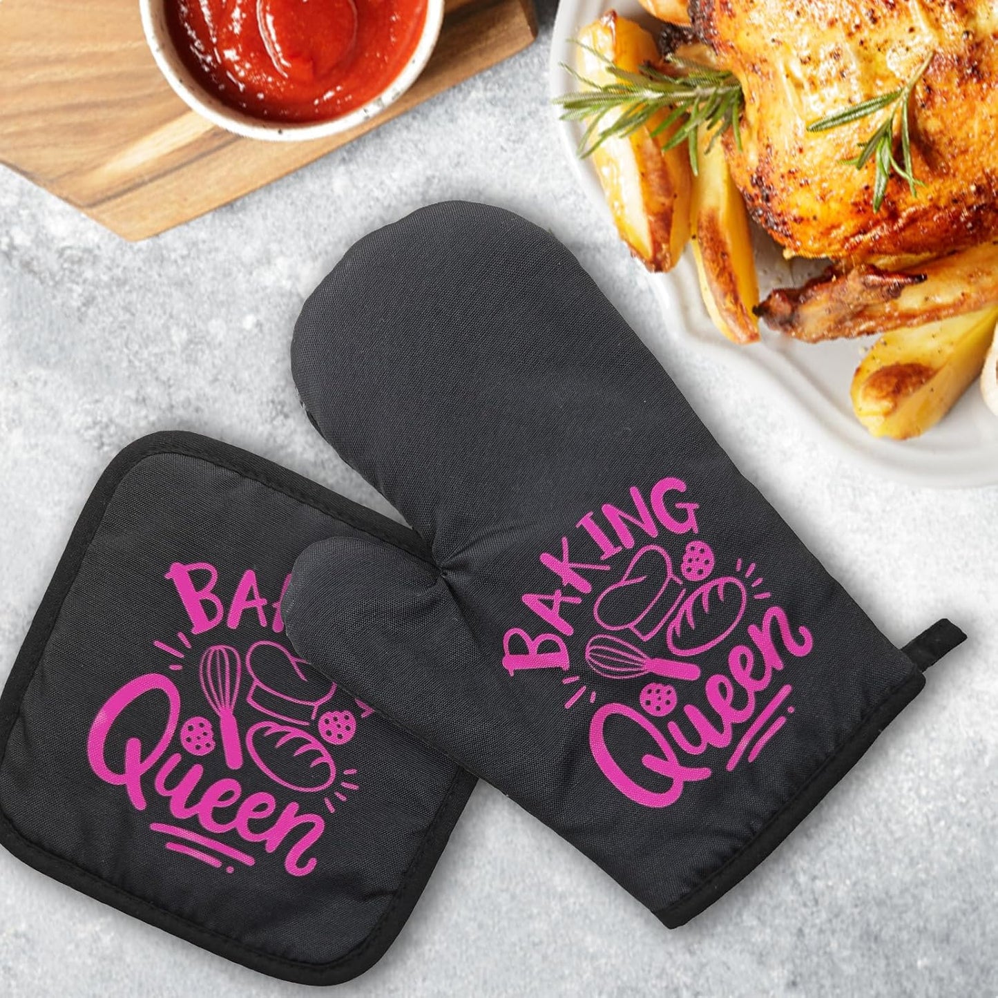 Funny Oven Mitts and Pot Holders（Set of 2） Baking Queen Oven Mitts for Kitchen Decor Silicone Non-Slip Oven Mitts Kitchen Gifts for Women Hostess Great Housewarming Gifts for Family Friend