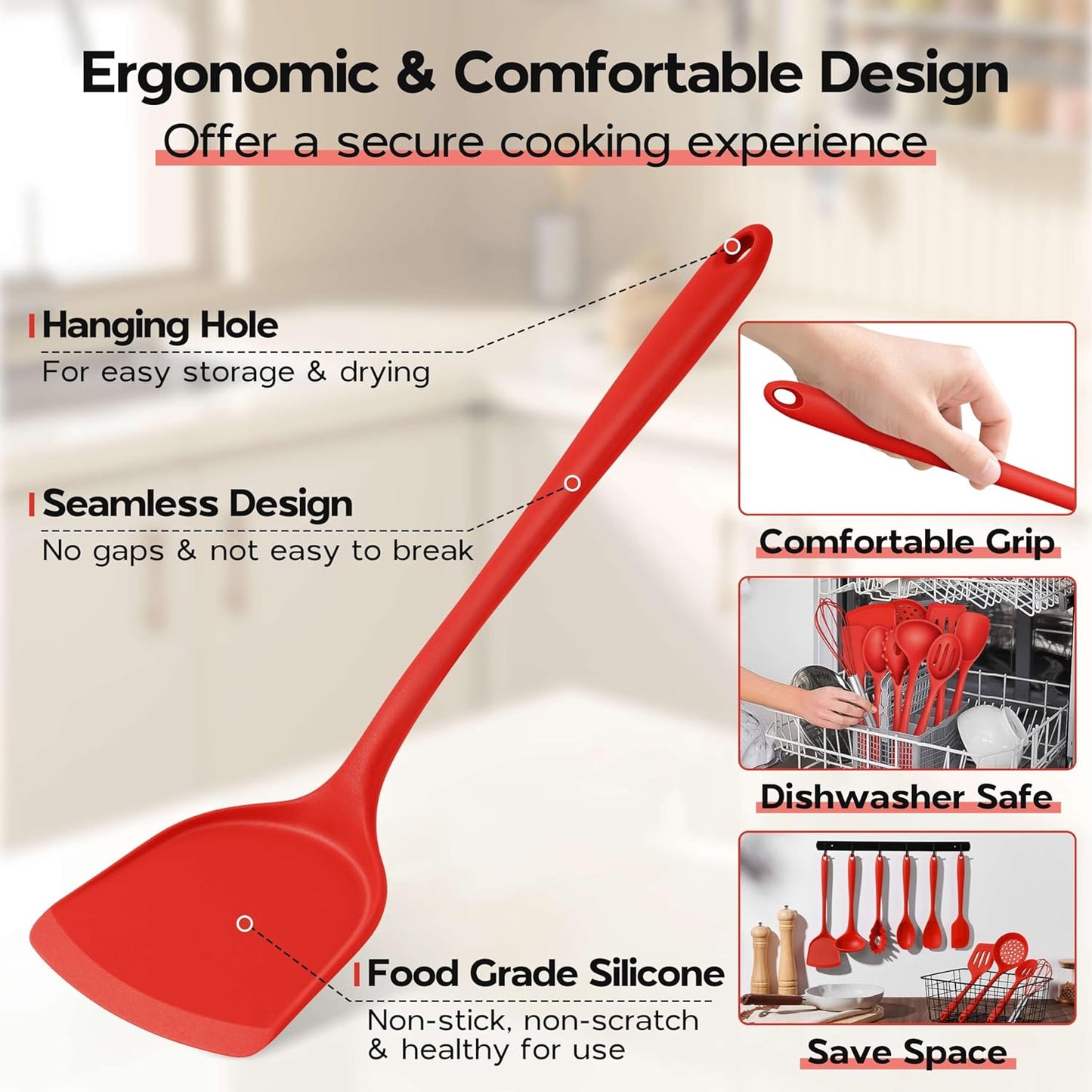 Onader 10 Pieces Cooking Utensils Set, Red Silicone Kitchen Utensils Set for Cooking, Non Toxic & Heat Resistant