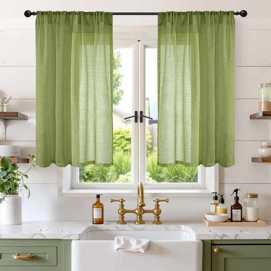 BGment 40 Inches Long Olive Green Linen Curtains for Short Window - Rod Pocket Small Drapes Textured Light Filtering for Cafe Bedroom Spring Lightweight Natural Rustic, 2 Panels Set, 42 X 40 Inch
