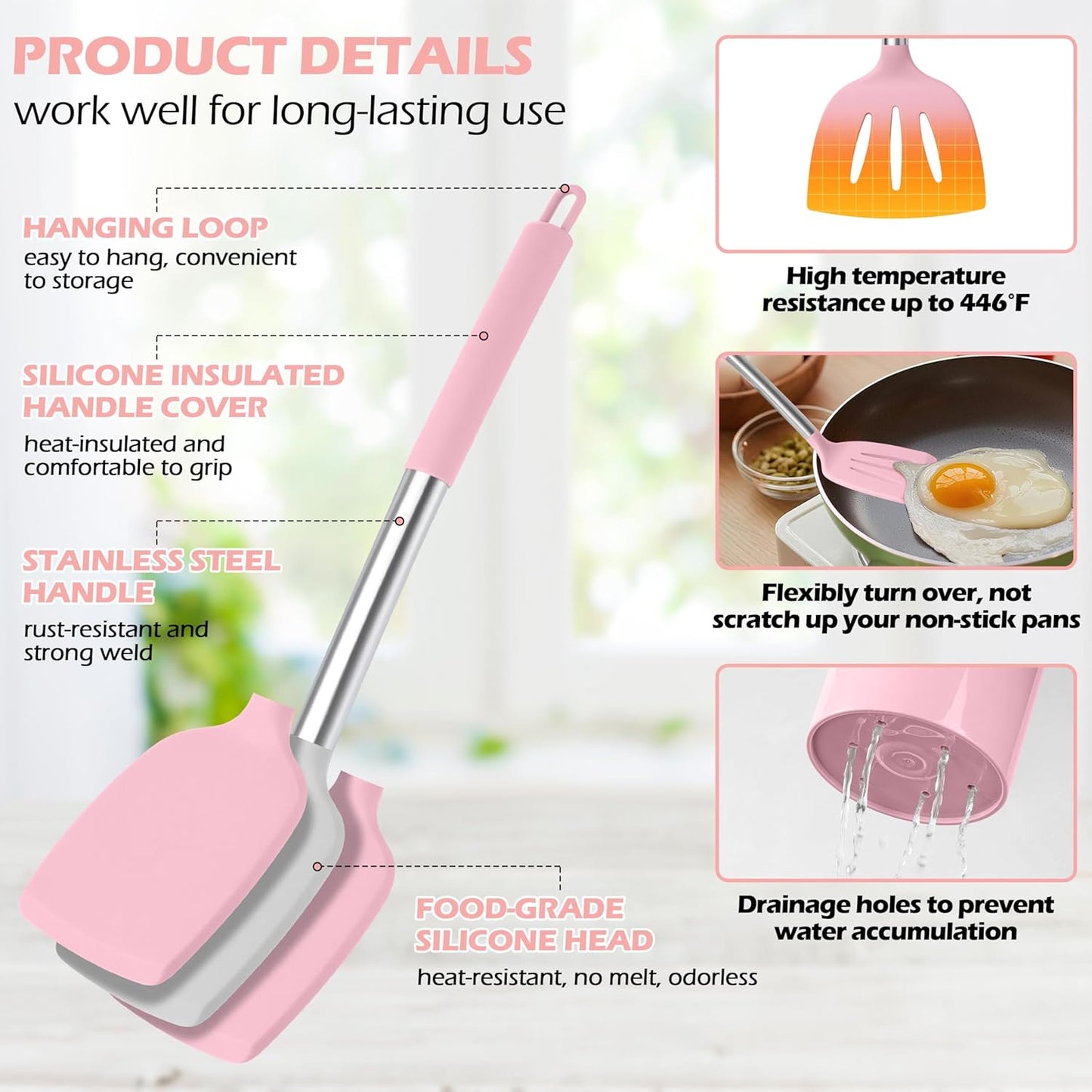 HaWare 29 PCS Silicone Cooking Utensils Set, Heat Resistant Kitchen Utensils Set with Stainless Steel Handle, Spatula Sets with Holder and Hooks, Kitchen Tools Gadgets for Nonstick Cookware -Pink