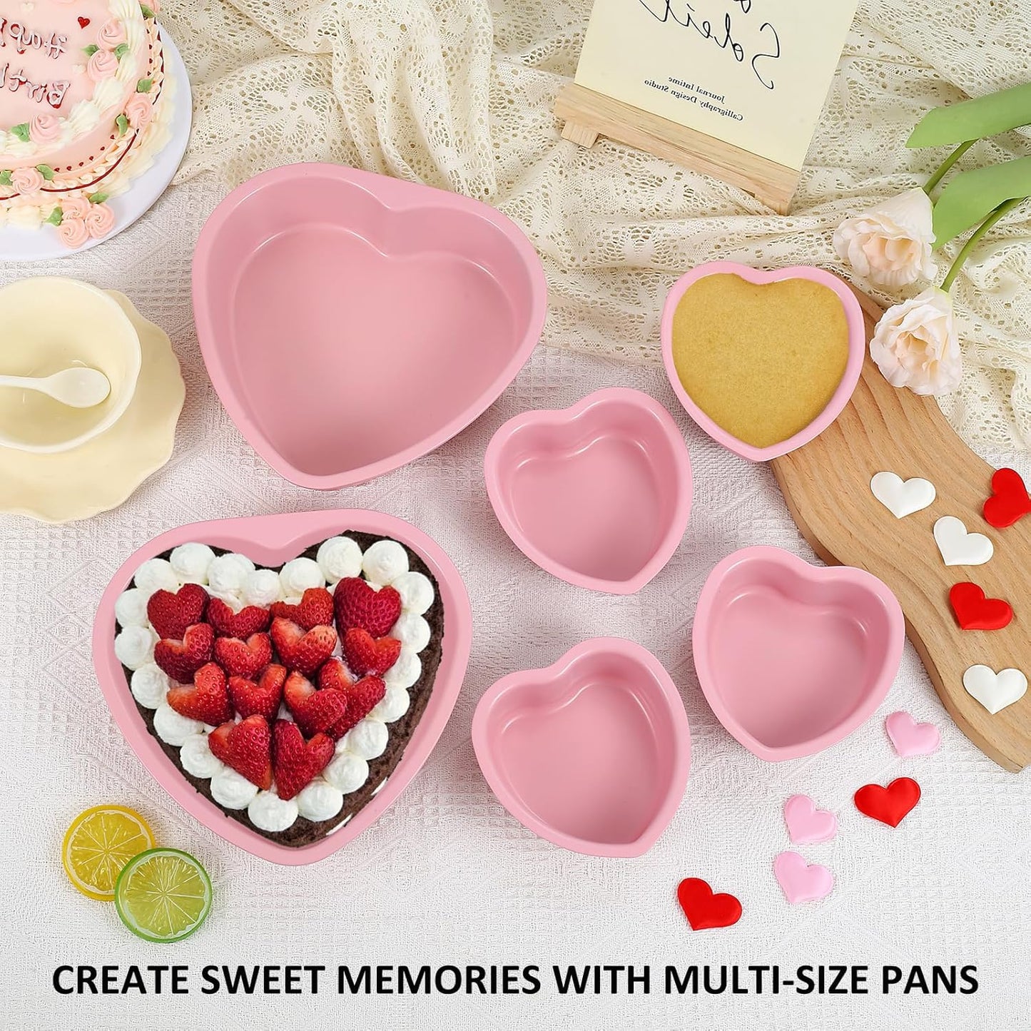 7 & 4 Inch Heart Shaped Cake Pans Set of 6, Pink Carbon Steel Baking Pans Set, Nonstick Heart Cake Mold for Baking, Small Cake Pans, Bakeware Sets for Valentine's Day Wedding