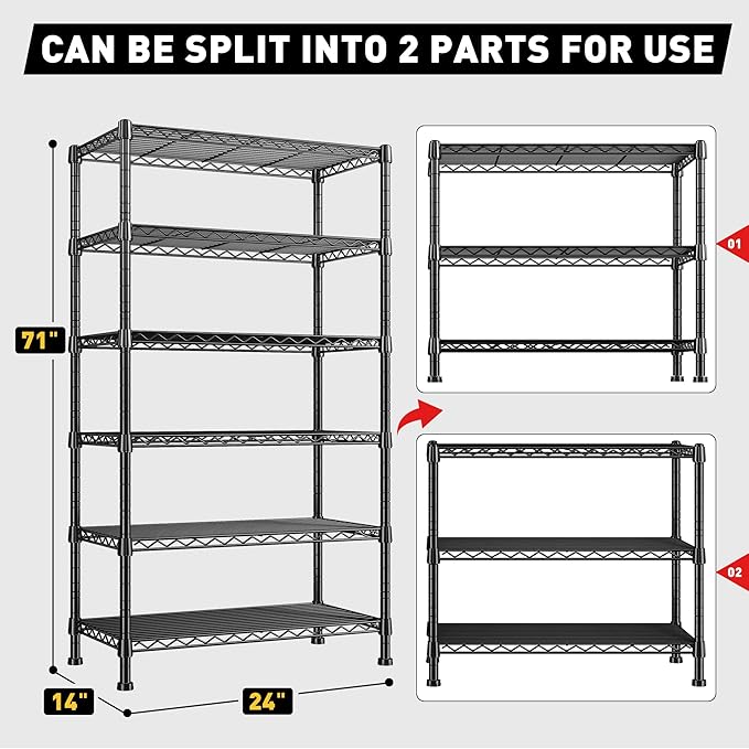 REIBII 6-Tier Storage Shelves Metal Shelving for Storage Load 1000 LBS,Wire Shelves Heavy Duty Shelving Unit Adjustable Pantry Shelf Bathroom Kitchen Garage 24" W x 14" D x 71" H, Black