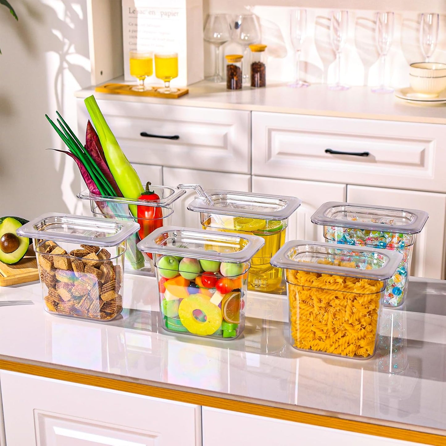 12 Pack Plastic Clear Food Pans with Lids, 1/9 Size 6'' Deep Commercial Stackable Polycarbonate Pans Hotel Food Storage Pan with 1 Pcs Spoon for Fruits Vegetables