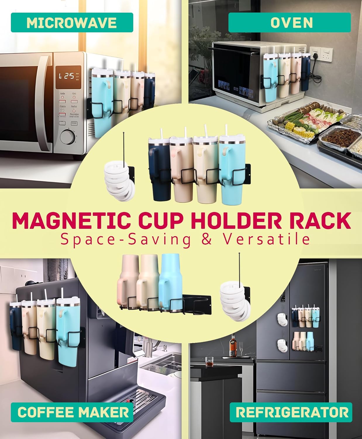 Magnetic Tumbler Holder for Stanley, Magnetic Cup Organizer for Refrigerator, Compatible with Stanley 30oz & 40oz Tumblers, Water Bottle Magnetic Rack (Black, 8 Tumblers& 2 Lid Holder)