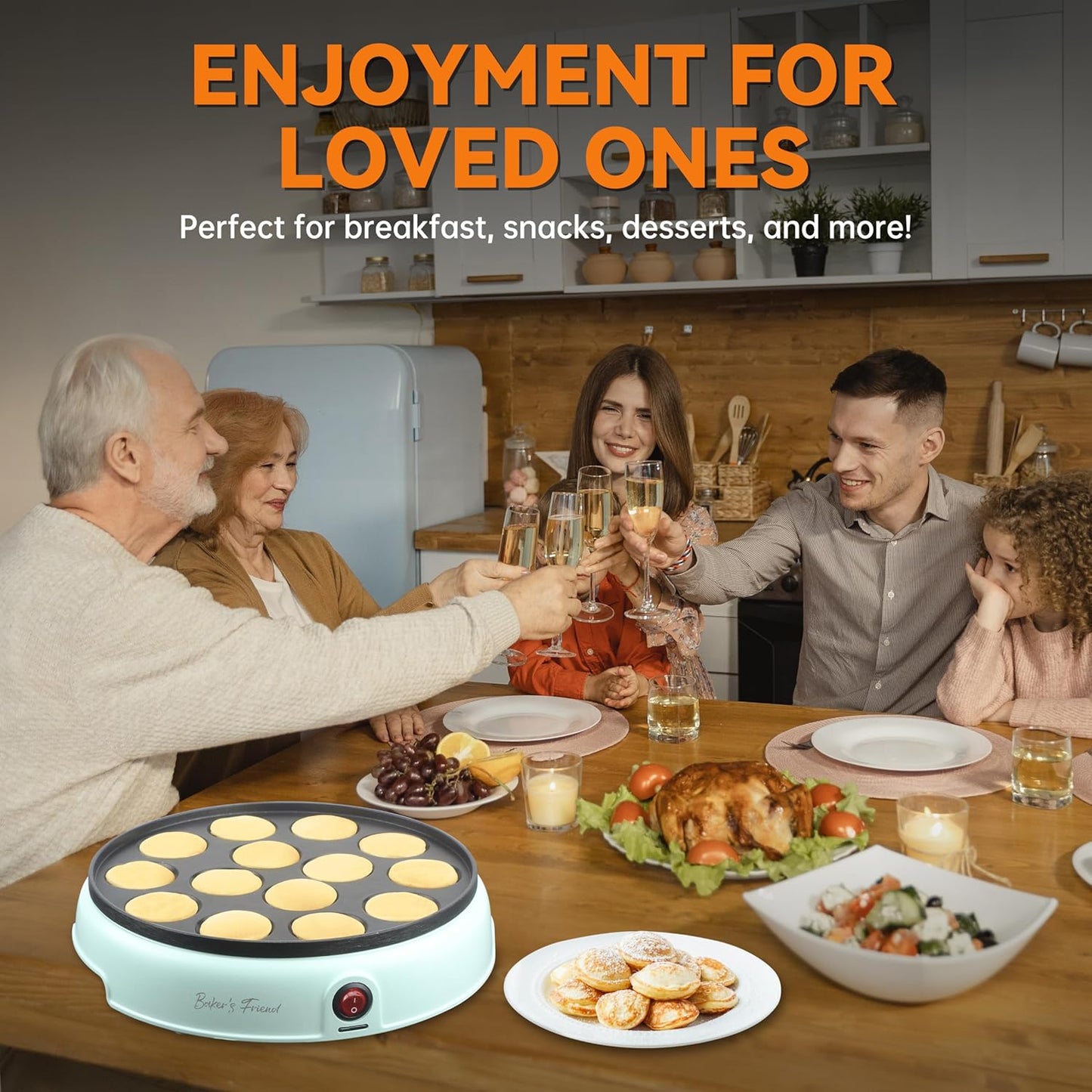 Baker's Friend Mini Pancakes Maker Machine, Dutch Mini Pancake Griddle, 14 Holes Electric Poffertjes Pan, Ideal for Breakfast, Snacks, Desserts & More