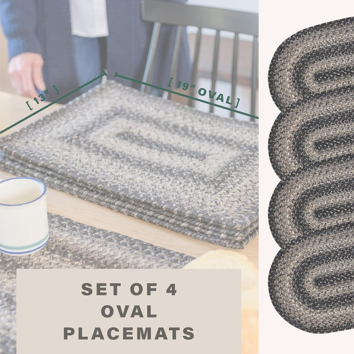 Homespice Flint Hill Jute Braided Placemats, Warm Primitive Decor, Set of 4, Grey 13x19 Oval Table Mats - Vibrant Colors, Durable, Easy to Clean and Protects Furniture