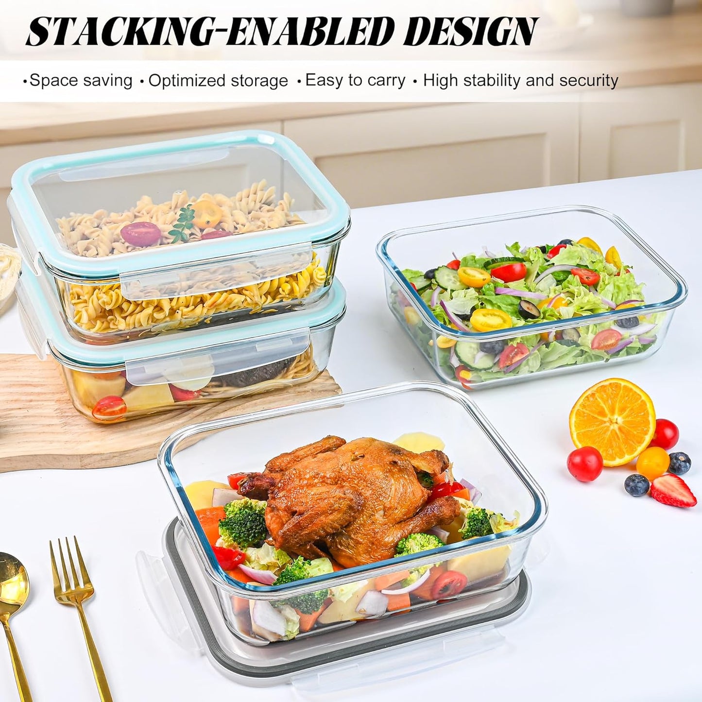 2Pack 9.8 Cups/ 78 Oz Large Glass Food Storage Containers with Lids, Glass Meal Prep Containers with Airtight Lids - BPA Free, Leakproof, Ideal for Food Storing/Serving, Microwave/Oven Safe