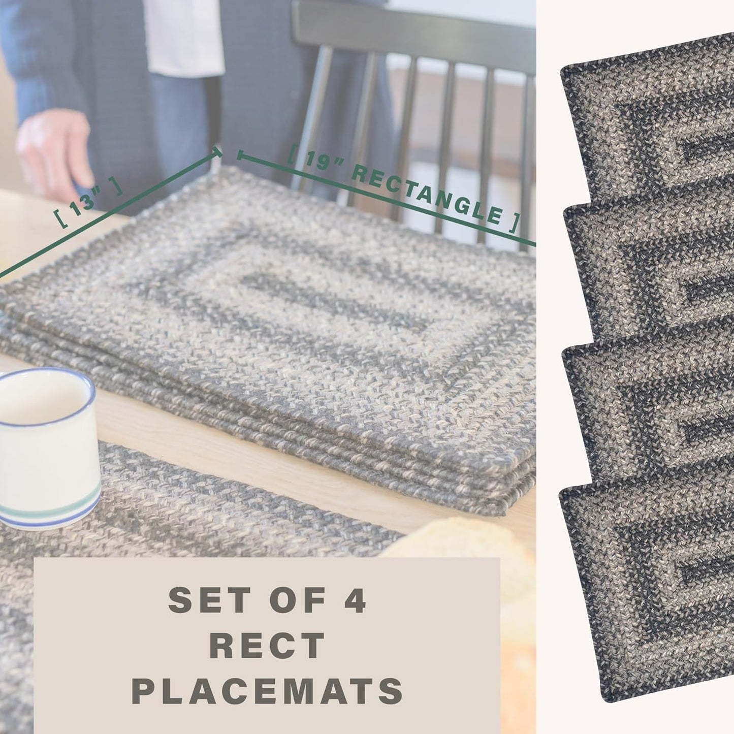 Homespice Flint Hill Jute Woven Placemats, Warm Primitive Decor, Set of 4, Grey 13x19 Rectangle Table Mats - Vibrant Colors, Durable, Easy to Clean and Protects Furniture