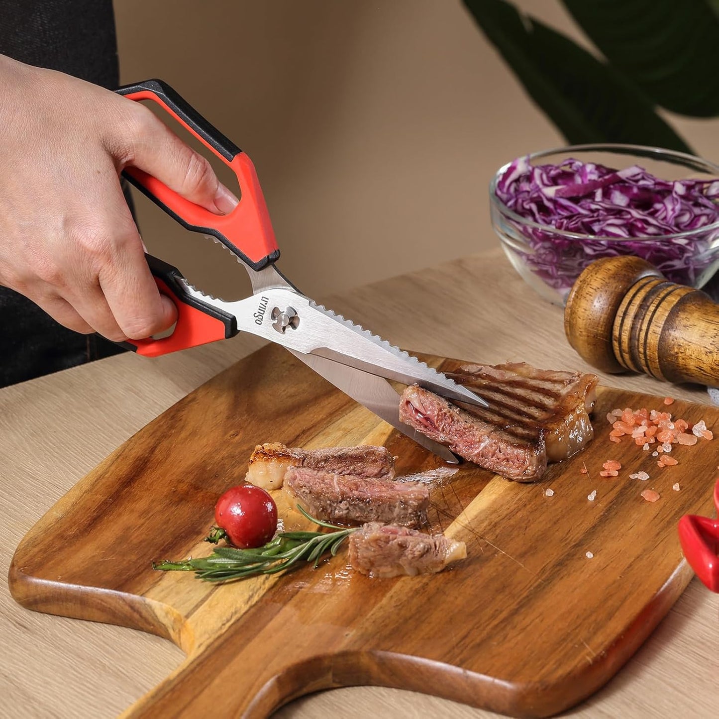 LIVINGO Kitchen Scissors Set All Purpose - Heavy Duty Stainless Steel Come Apart Food Shears for Cutting Meat, Vegetables, Dishwasher safe, 2 Pack, Red Black Multi-Function Handles