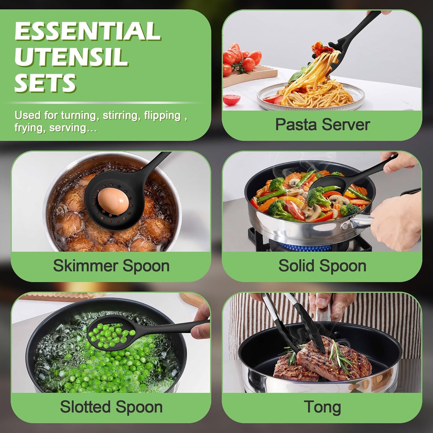 Silicone Cooking Utensil Set, Homikit 15pcs Kitchen Utensils with Holder for Nonstick Cookware, Heat Resistant Nontoxic Silicone Spatula Set Dishwasher Safe Kitchen Tools for Baking-Black