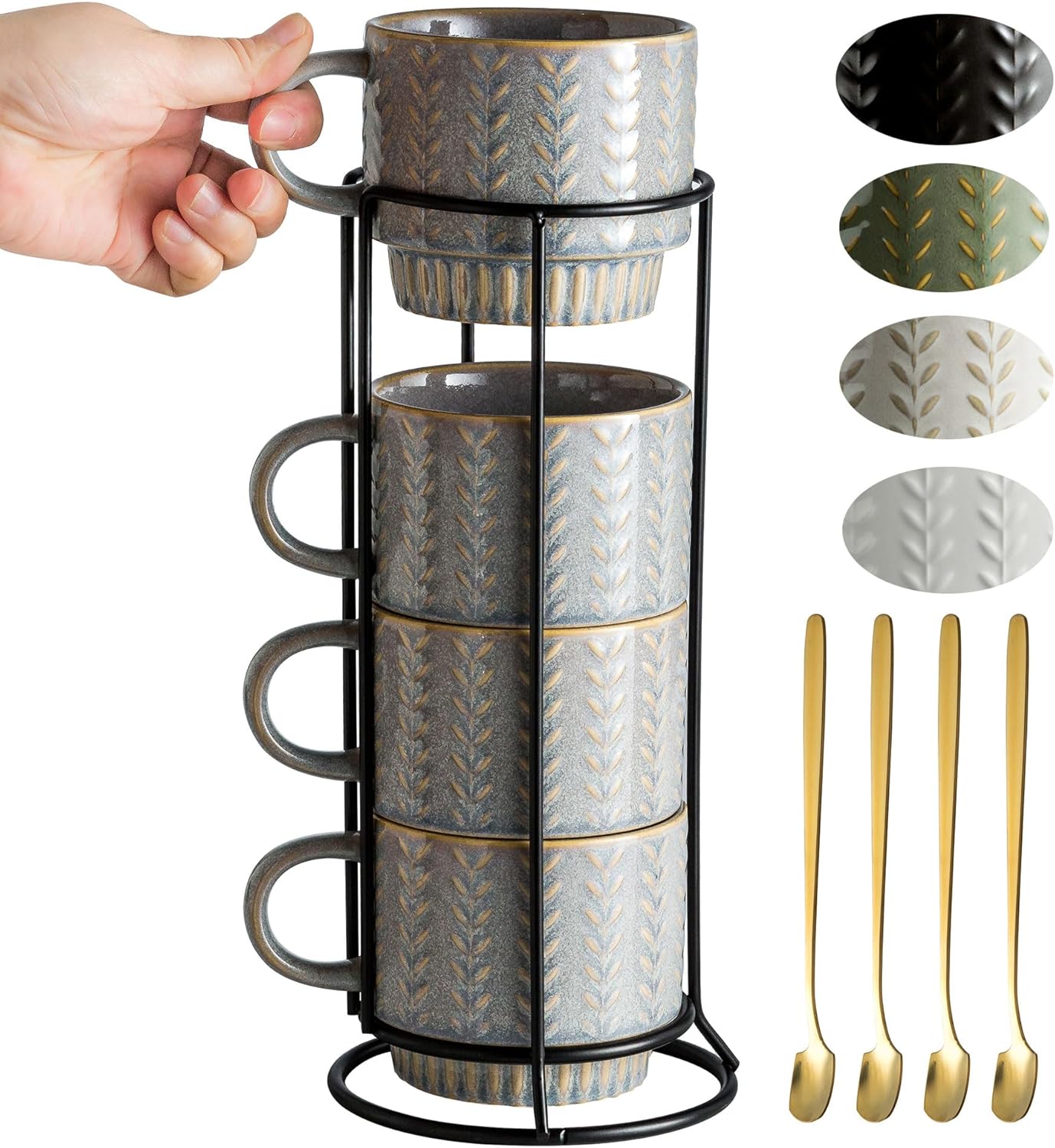 Coffee Mugs Set of 4 with Spoons & Stand, Stackable Espresso Cups 13oz Coffee Mug for Drinks Latte Cappuccino Tea, Coffee Cup for Women Men Couples Housewarming Birthday Gift, Dishwasher Safe