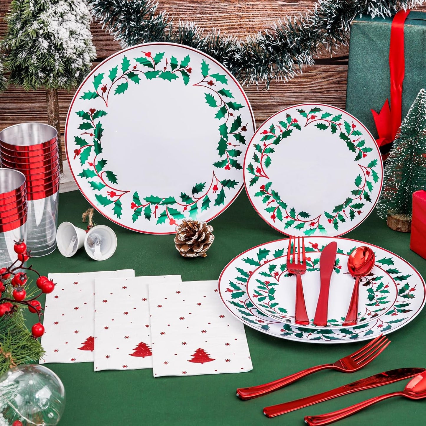 WDF 175Pcs Disposable Christmas Plates & Napkins - 25 Dinner & Dessert Plates, 25 Utensils, 25 Cups, 25 Christmas Napkins