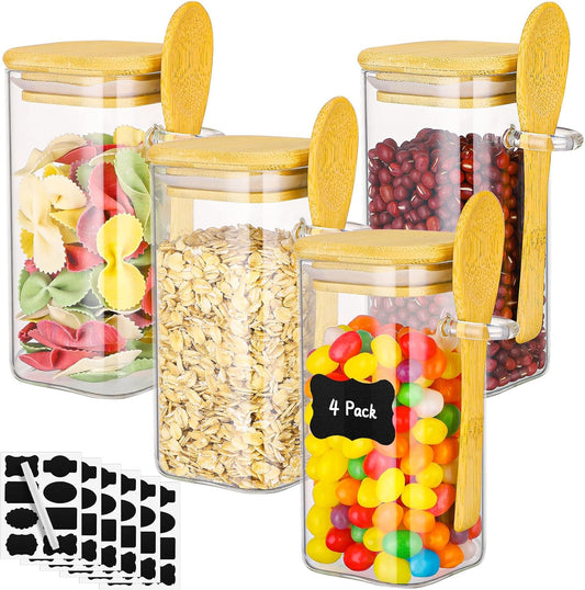 Glass Jars with Bamboo Lids Set of 4, 11 Fl.oz Square Glass Storage Jars with Airtight Lid and Spoon, Clear Spice Container Stackable Wide Mouth Cansiter for Loose Tea, Coffee, Sugar, Candy