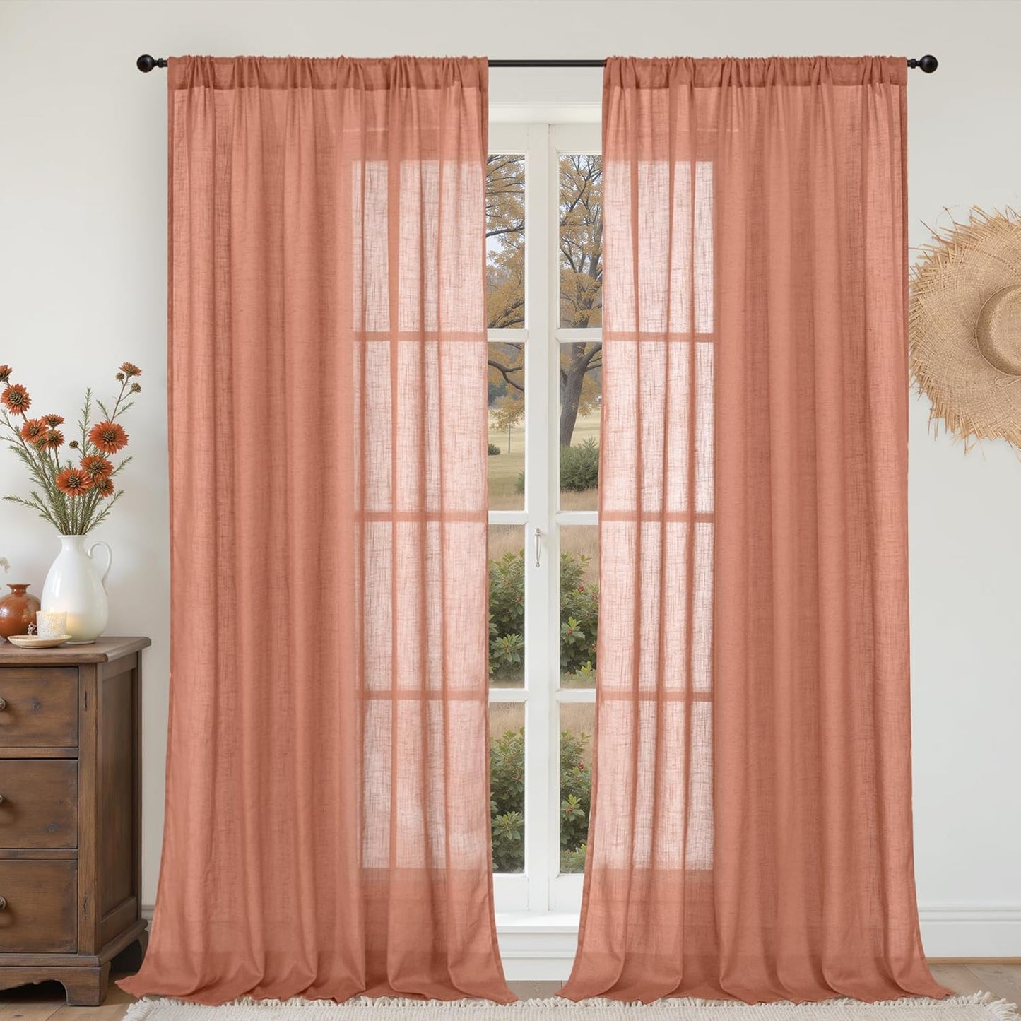 BGment Fall Linen Curtains 84 Inch Length for Living Room, Terracotta Semi Sheer Rustic Window Drapes for Farmhouse Bedroom Dining Decor Rod Pocket Lightweight, 2 Panels Set, Each 60 Inch Wide