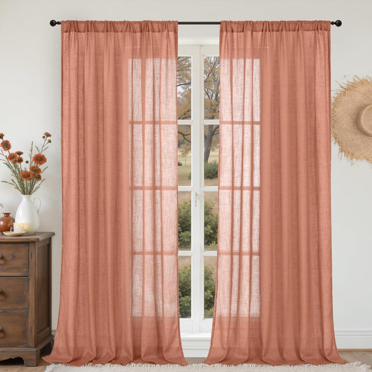 BGment Fall Linen Curtains 84 Inch Length for Living Room, Terracotta Semi Sheer Rustic Window Drapes for Farmhouse Bedroom Dining Decor Rod Pocket Lightweight, 2 Panels Set, Each 60 Inch Wide