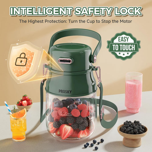 Portable Blender, Prasky Personal Blenders for Shakes and Smoothies with 27oz Cup, Lid and Shoulder Strap, Type-C USB Rechargeable, Personal Size Blenders BPA-free for Gym/Travel/Kitchen (green)
