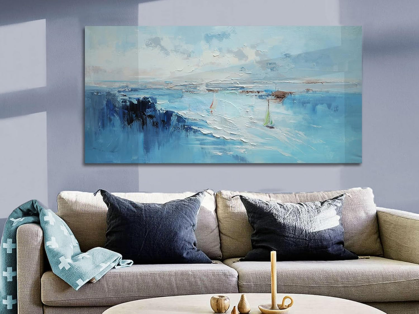 Ardemy Abstract Wall Art for Living Room Large Teal Coastal Sailboat Textured Bedroom Pictures Wall Decor Artwork for Walls Home Office Kitchen Dining Room, 48"x24"