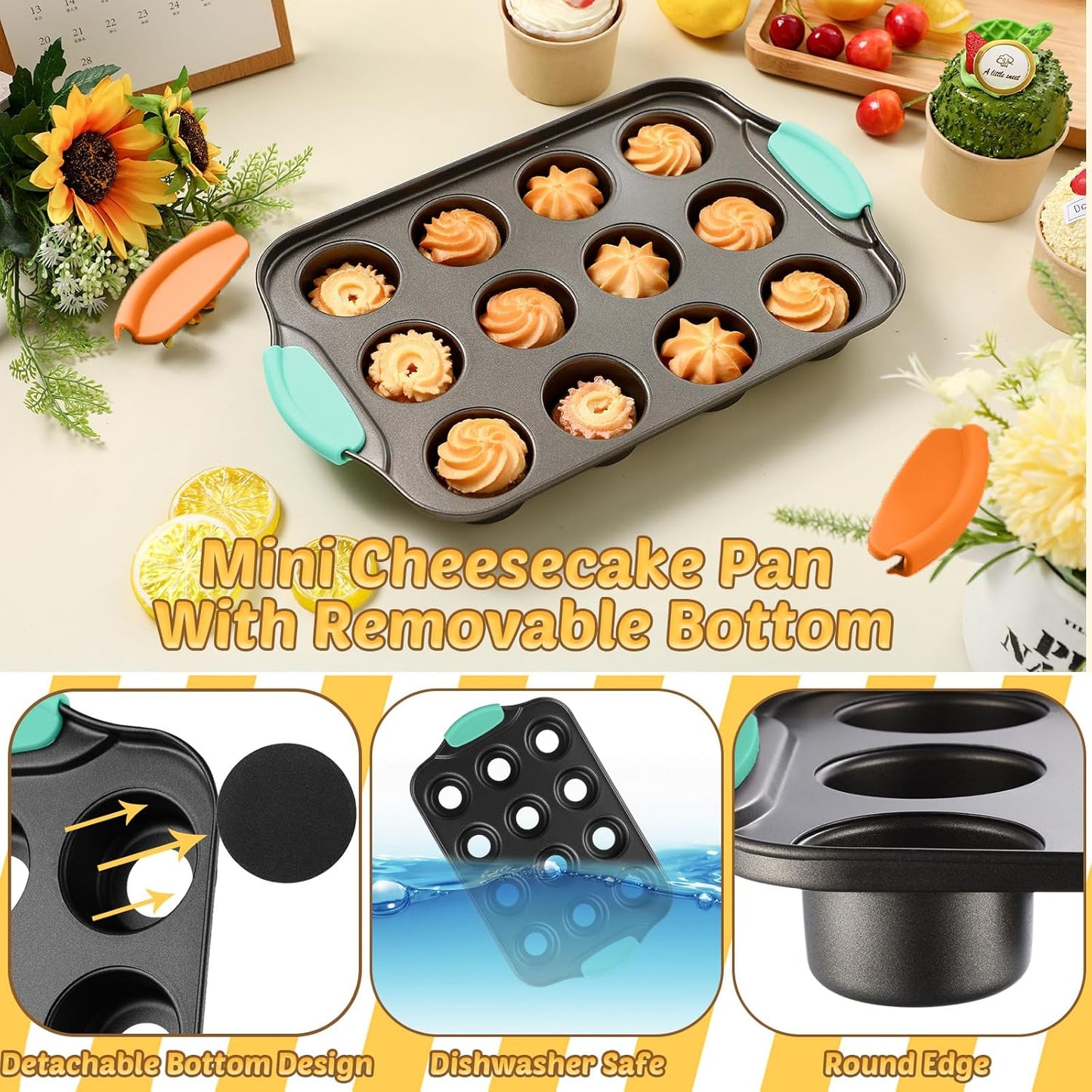 Uiifan 3 Pack Mini Cheesecake Pans Removable Bottom 12 Cavity Mini Cupcake Pan with Silicone Handle Nonslip Anti Heat Nonstick Carbon Steel Muffin Mold 13" x 8" Baking Molds(Mint Green)